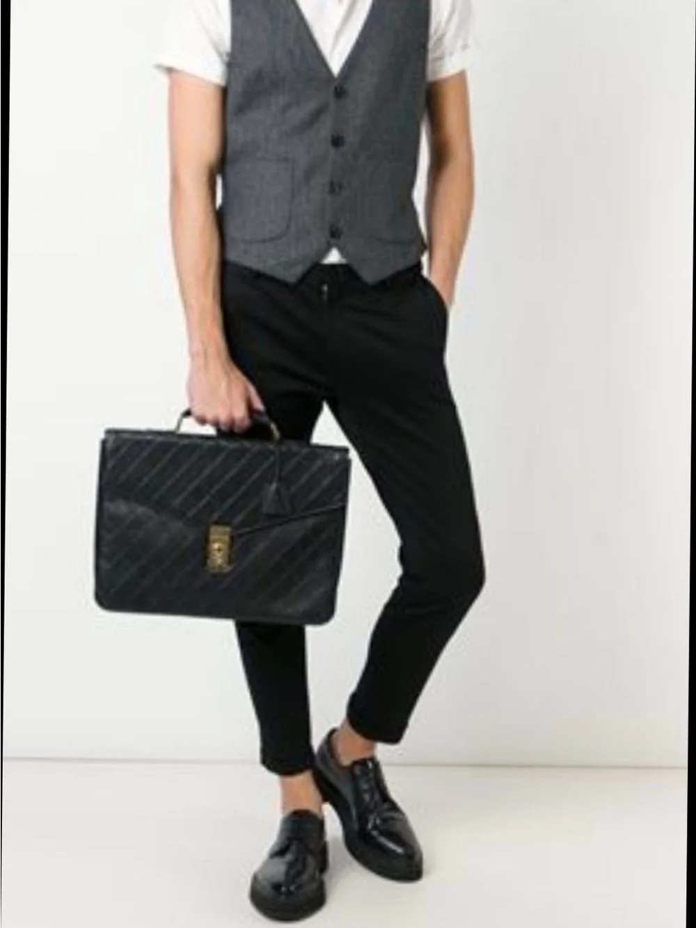 Authentic CHANEL black leather wild stitch vintage unisex briefcase laptop bag